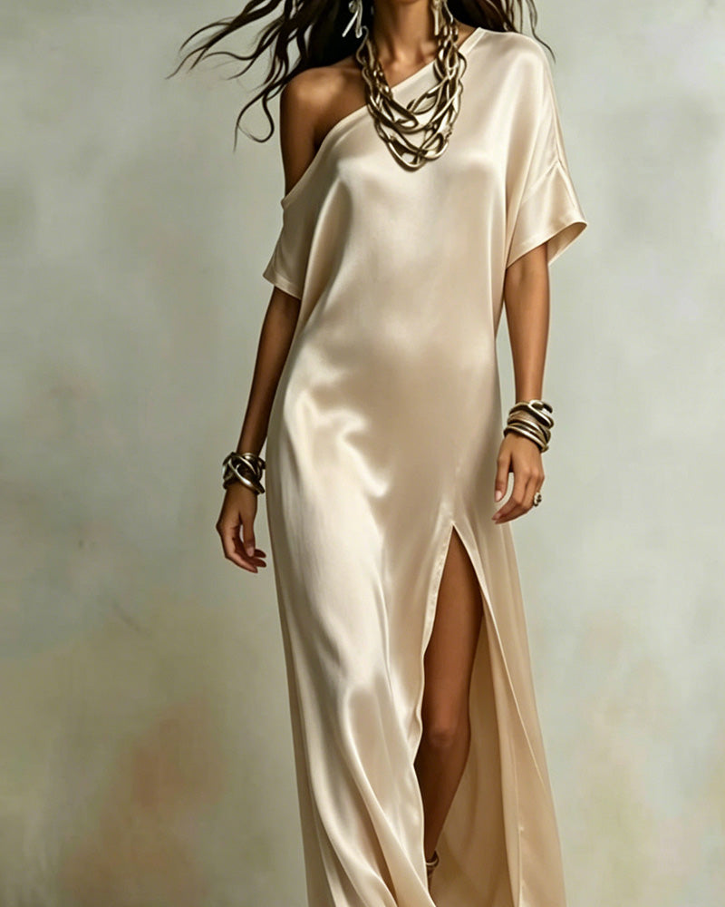 Robe Satin Une Épaule Fente Maxi