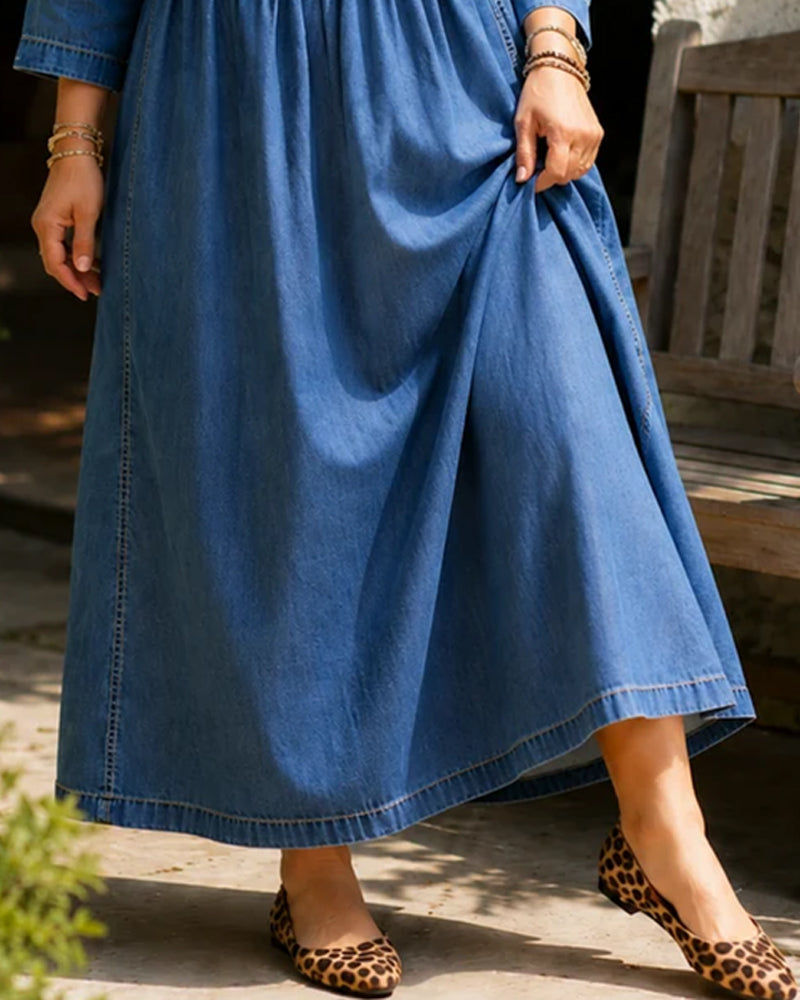 Robe Col Rond Plissée Manche Longue Denim