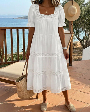 Robe Col Carré Dentelle Patchwork