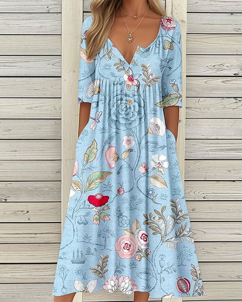 Robe Demi-Manche Imprimé Plissé A-Ligne