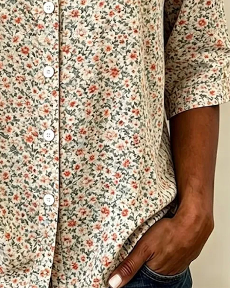 Chemisiers Col Rond Bouton Floral Manche Trois Quarts