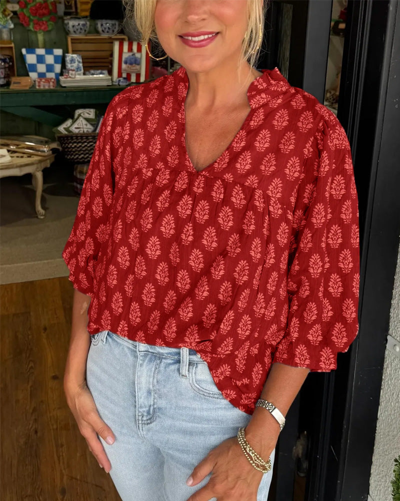 Blouse Manches Trois-Quarts Imprimée Décontractée