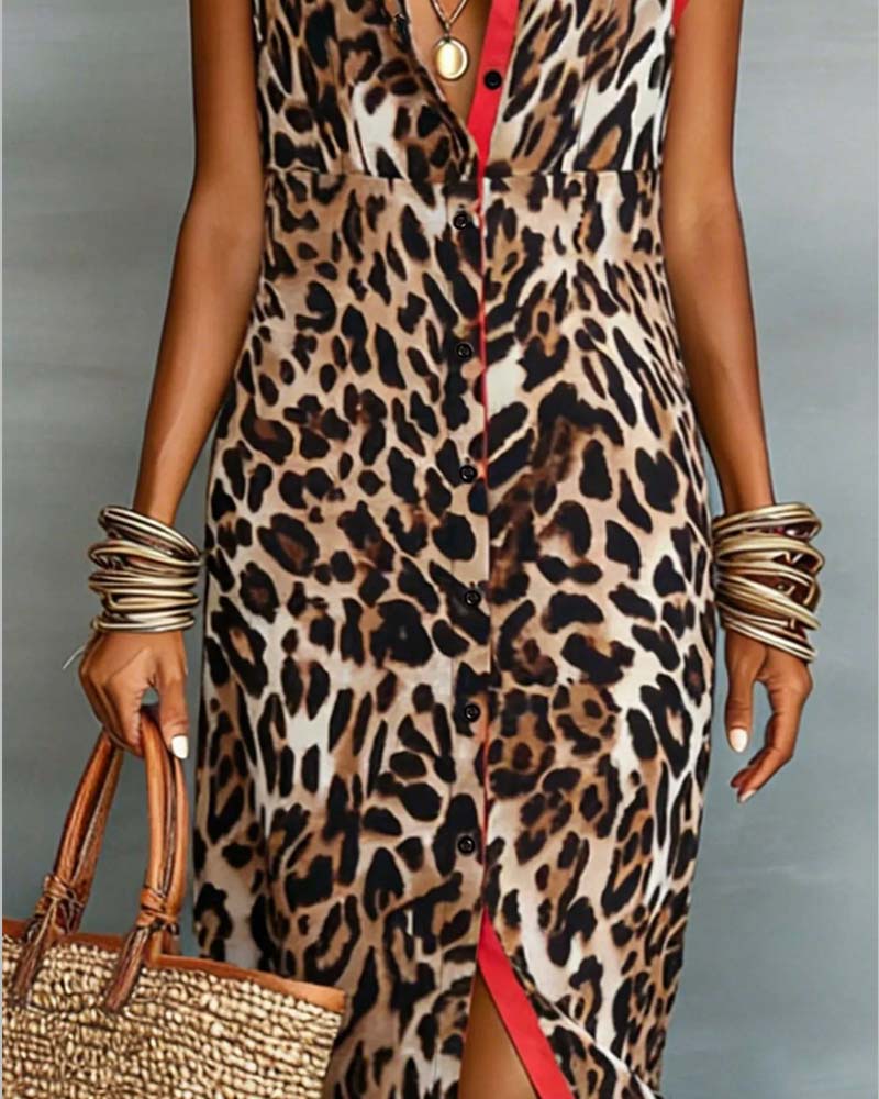 Robe Revers Léopard Imprimé Contraste Maxi