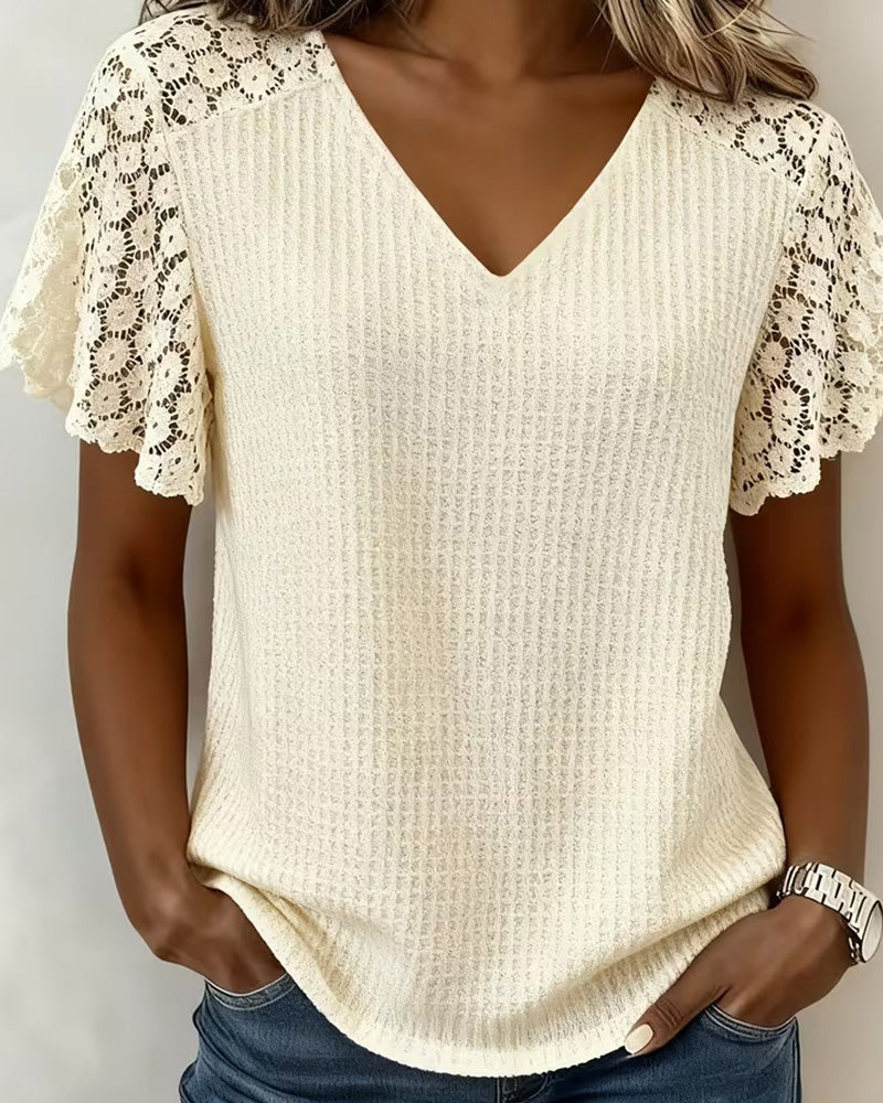T-Shirt Col En V Gaufré Dentelle Patchwork Unie