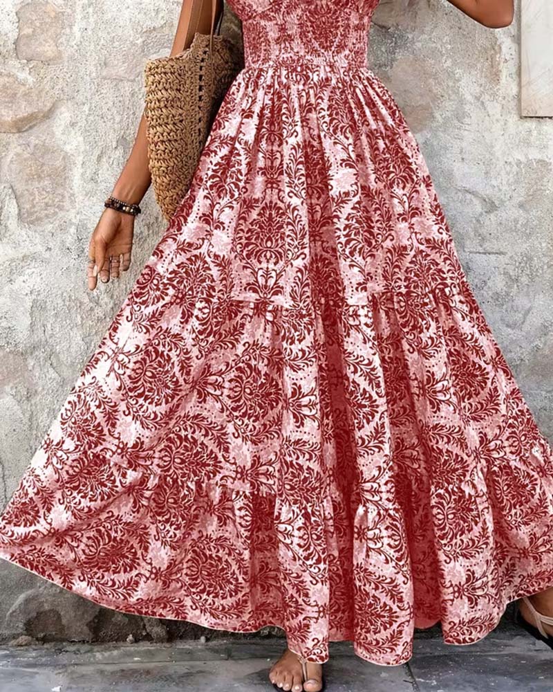 Robe Rétro Imprimé Col En V Taille Cintrée Longue