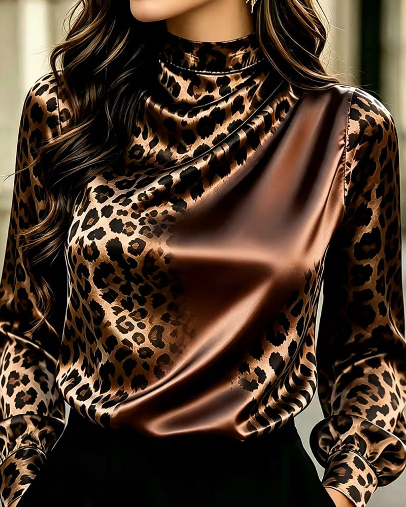 Blouse Col Mock Léopard Contraste Drapé