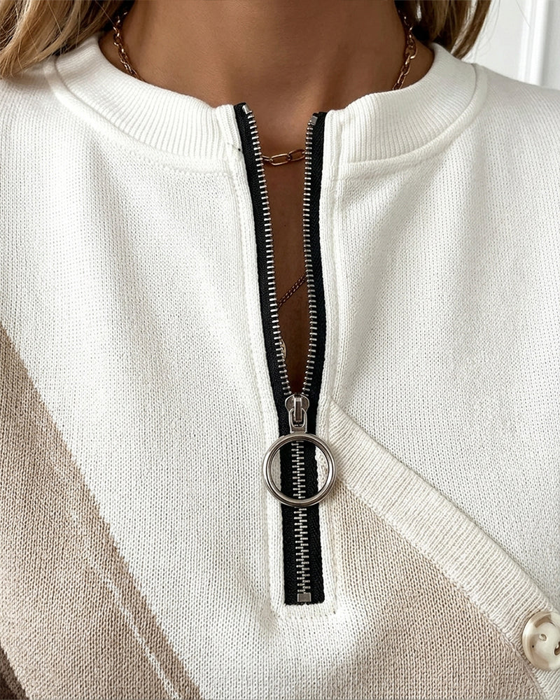 Sweatshirt Bloc De Couleurs Twill Bouton Demi-Fermeture Éclair