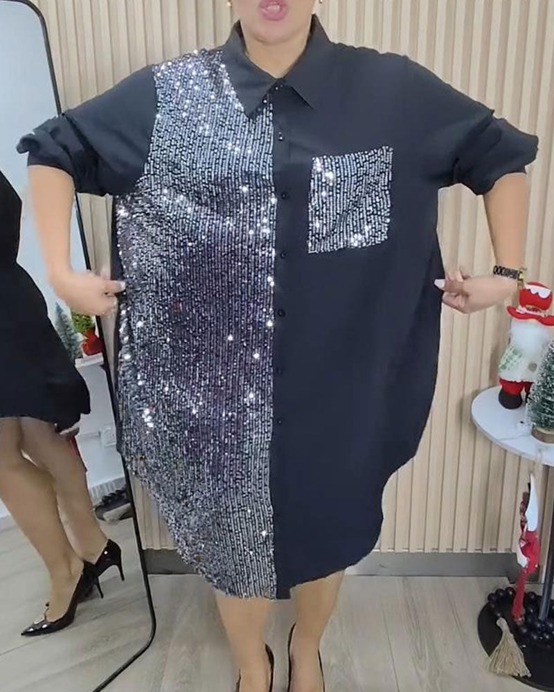 Robe Paillettes Revers Chemise