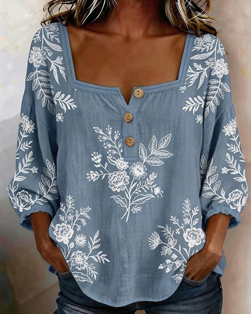 Blouse Col Carré Imprimé Lâche