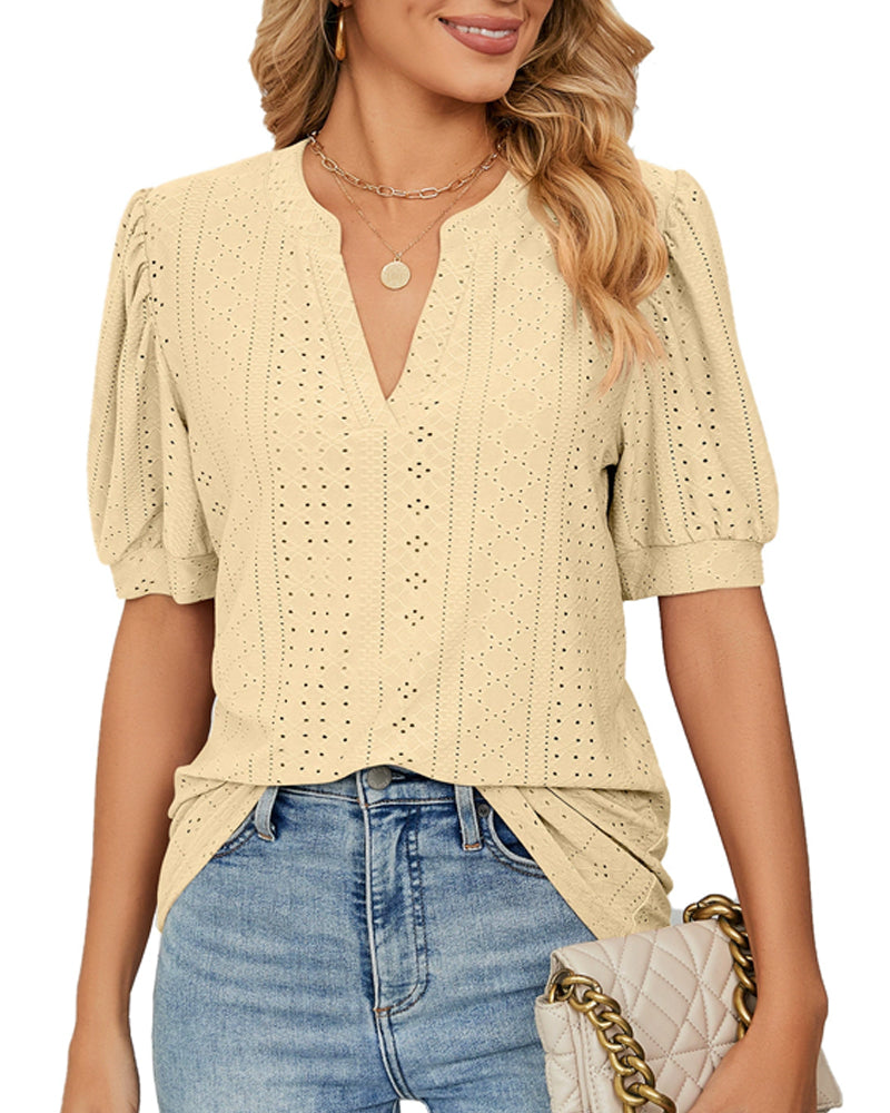 Blouses Col En V Uni Ajouré Manche Bouffante