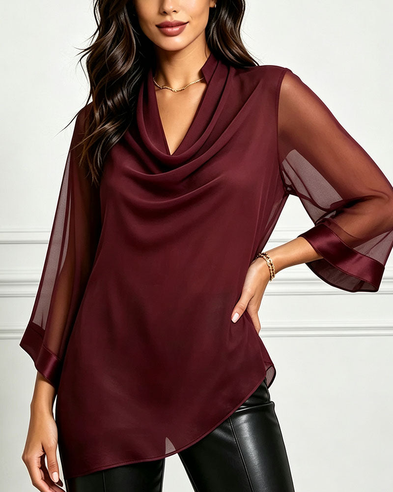 Blouse Col Cowl Irrégulier Uni Sheer