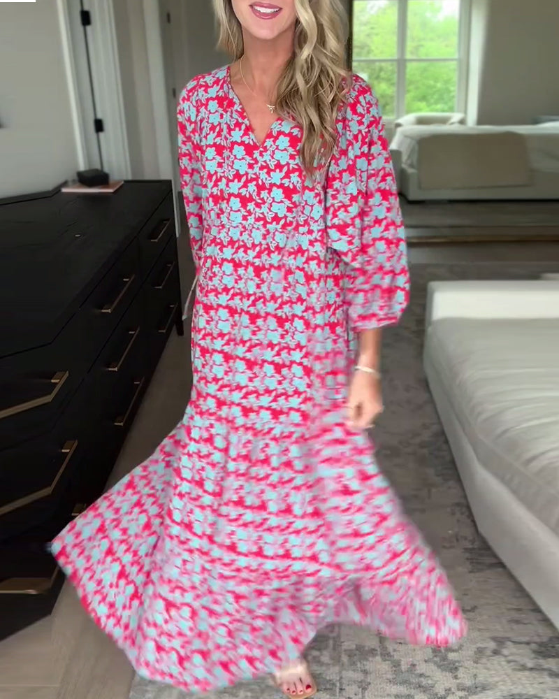 Robe fleurie à col en V et manches lanternes