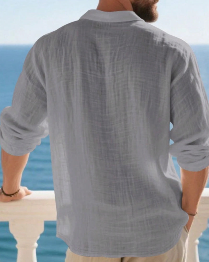 Chemise Homme Légère Coupe Ample Lin Manches Longues Polo