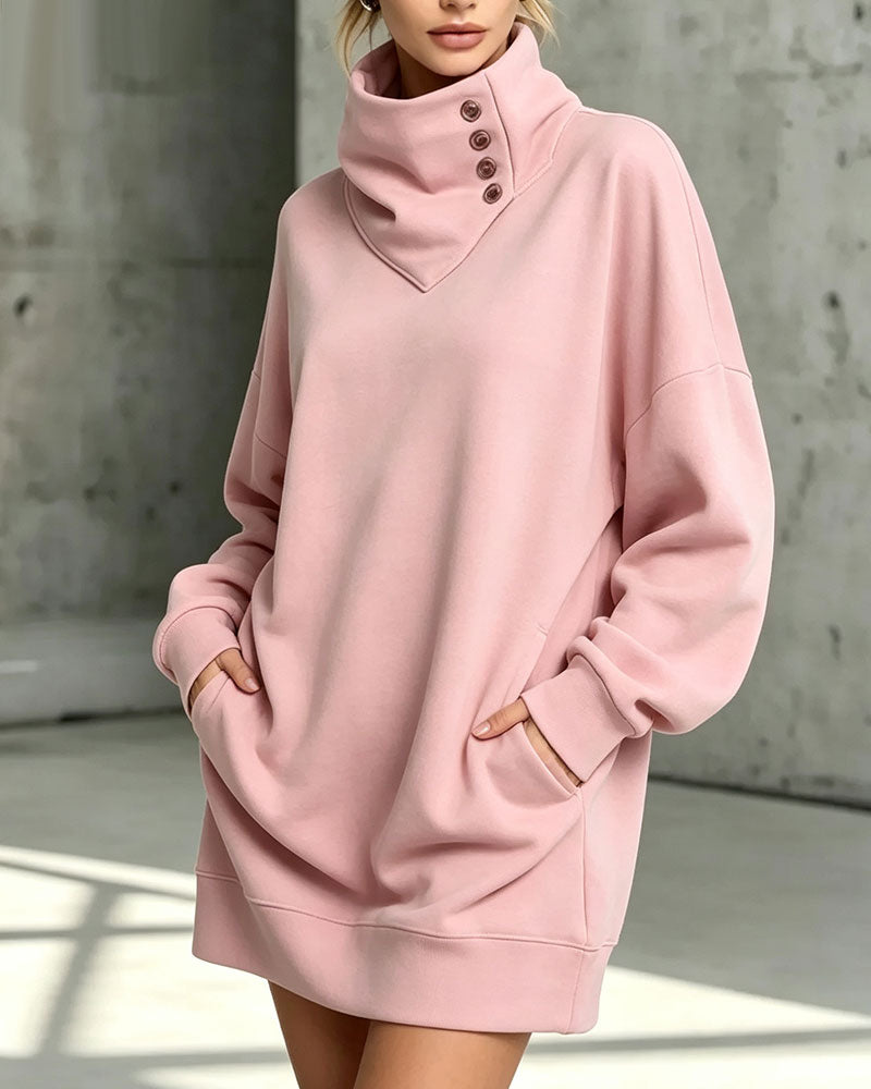 Robe Col Roulé Bouton Diagonal Coupe Loose