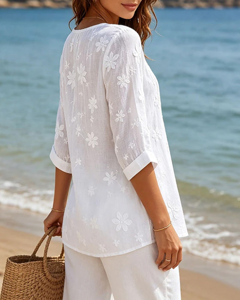Blouse Bouton Devant Froncée Fleurie Unie