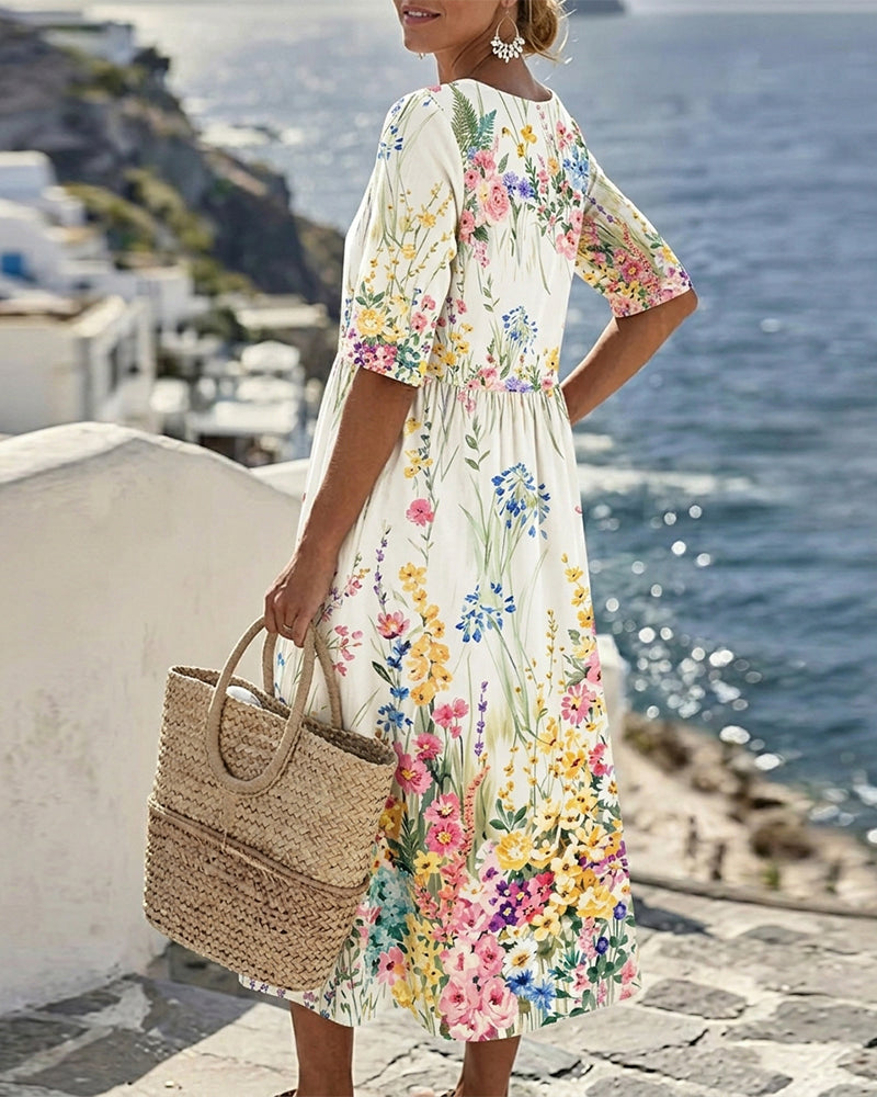 Robe Col Rond Aquarelle Florale