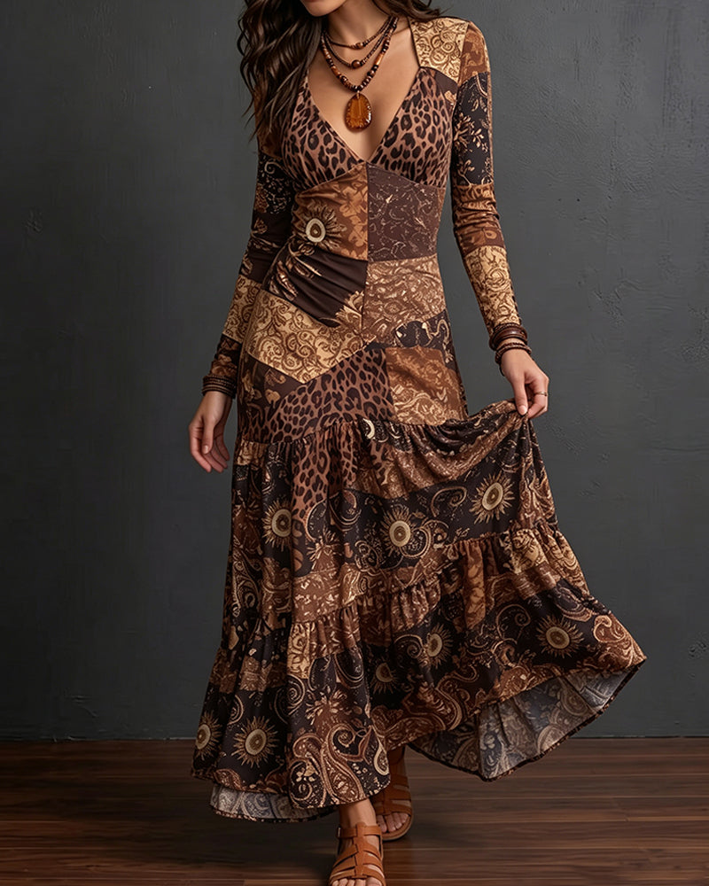 Robe Col V Imprimé Léopard Volantée Manche Longue