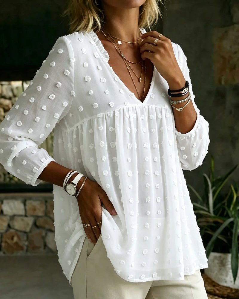 Blouse Col V Manche Longue Plissée