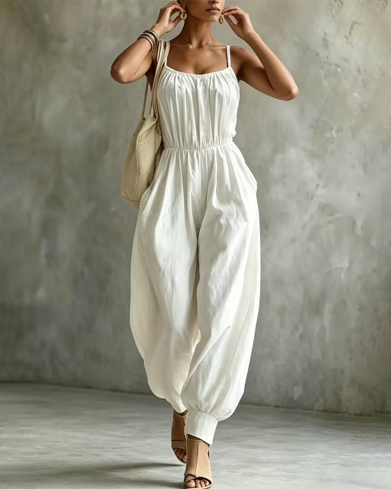 Jumpsuit Bretelle Spaghetti Plissé Cintré Jambe Large