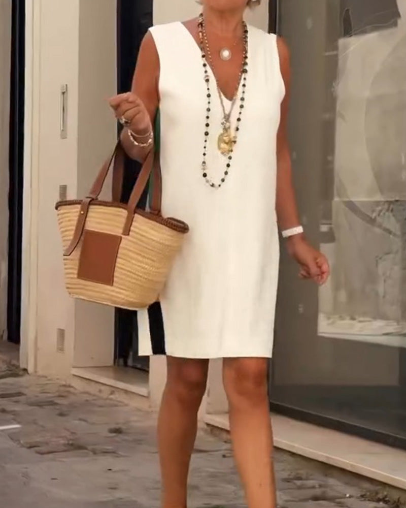 Robe Col V Sans Manches Bloc De Couleur