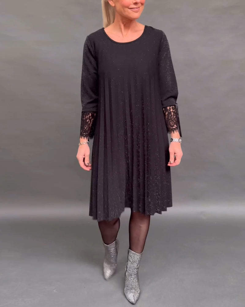 Robe plissée en dentelle patchwork de couleur unie