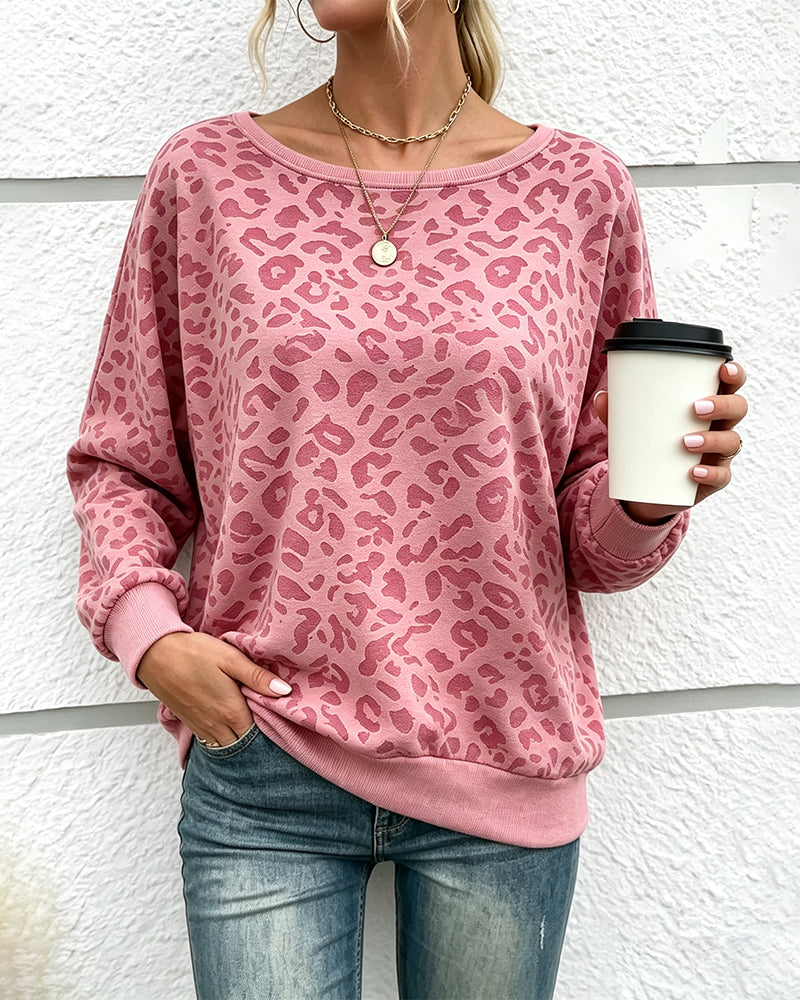 Pullover Sweatshirt Léopard Col Rond Épaule Descendue
