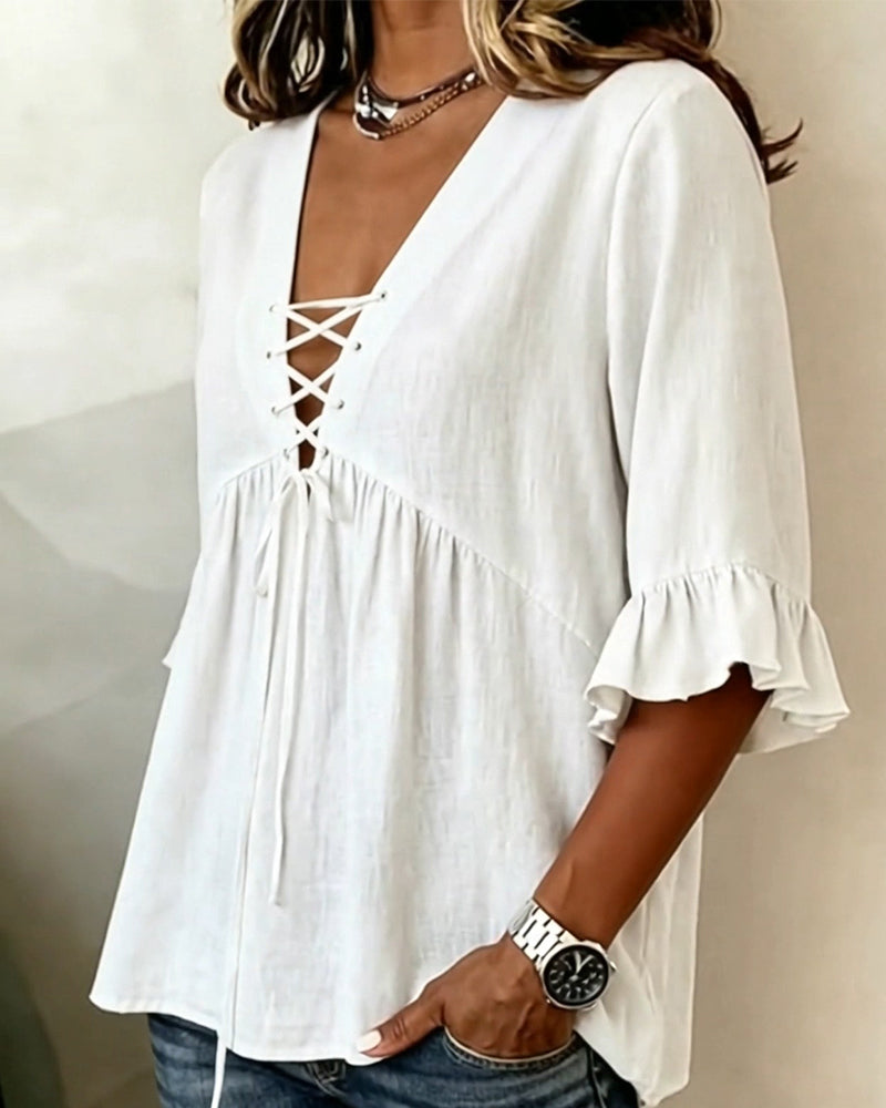 Blouse Unie Col V Volantée