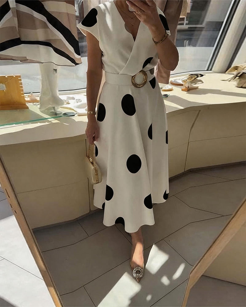 Robe À Pois Col En V Cintrée À La Taille