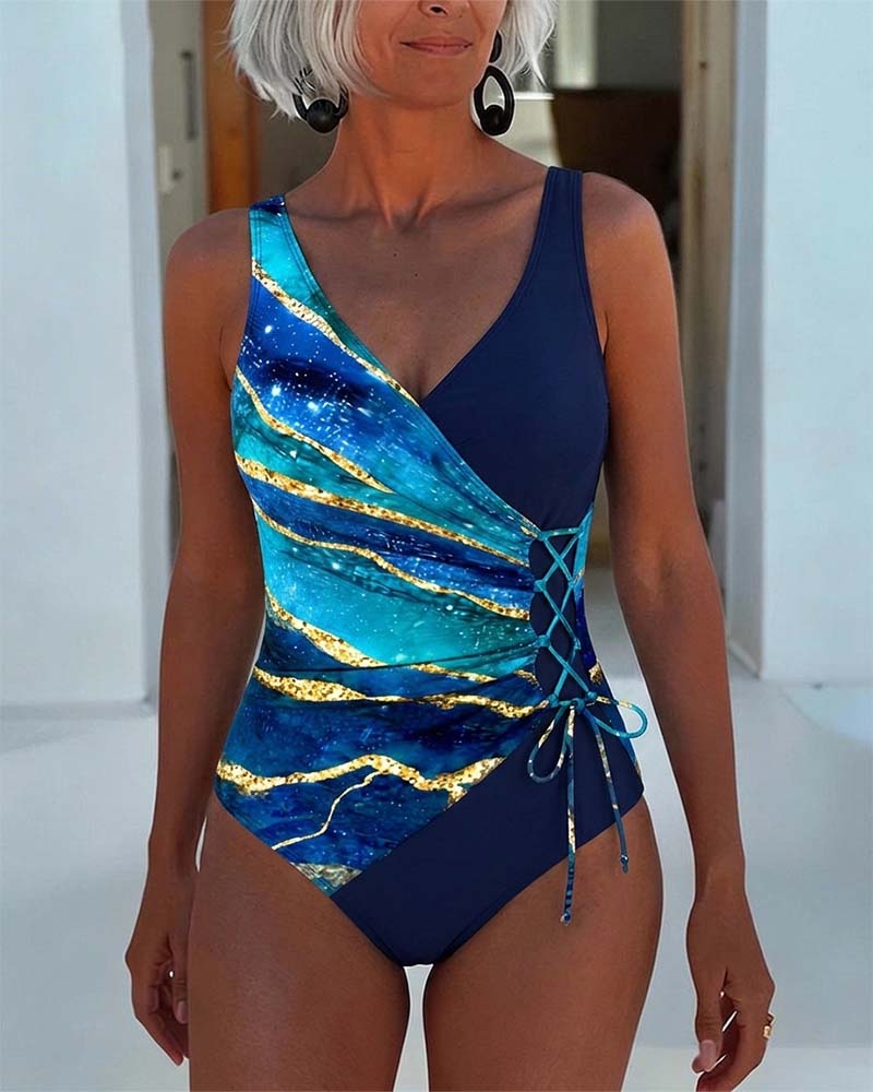 Une Pièce Asymétrique Patchwork Attacher Col En V