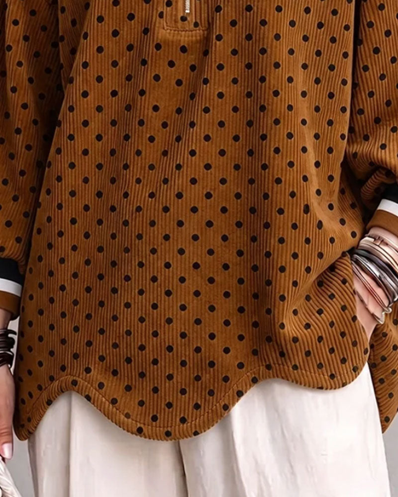 Blouse À Pois Velours Côtelé Demi-Zip Ample