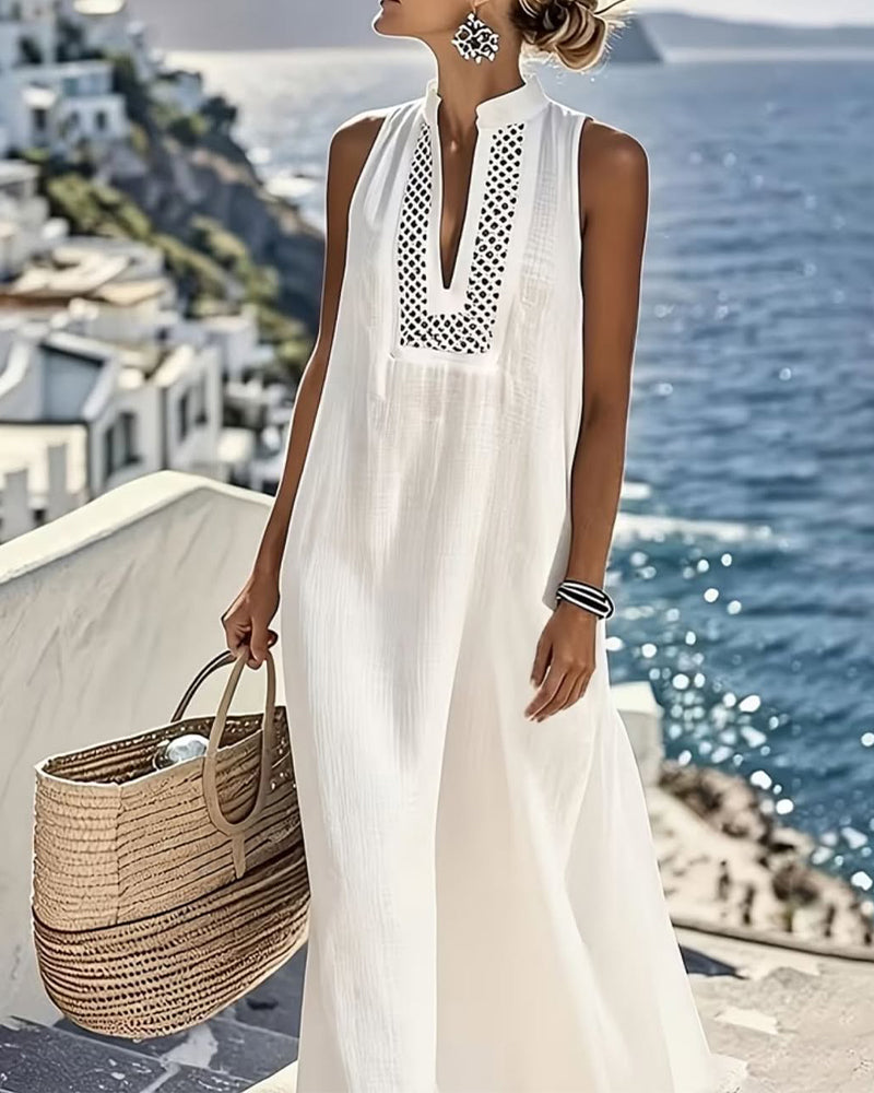 Robe Col V Sans Manches Évidé Mesh