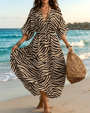 Robe Zèbre Imprimé Taille Col V Jupe Ample
