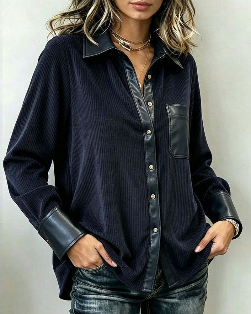 Chemise Velours Côtelé PU Patchwork Revers