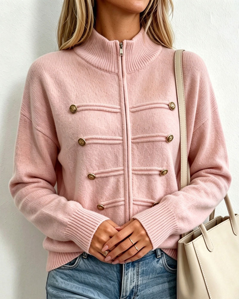 Cardigan Col Mandarin Mode Fermeture Éclair Tricoté
