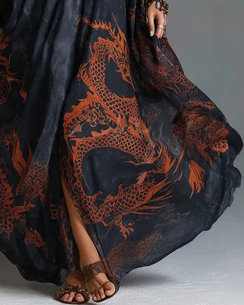 Robe Motif Dragon Rouge Manches Chauve-souris Plongeant Échancré En V