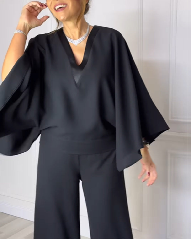 Blouse Col En V Élégante Manche Papillon