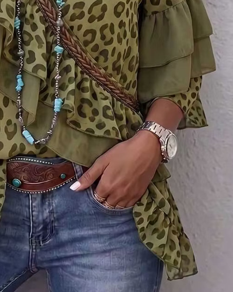 Blouse Col V Volant Léopard