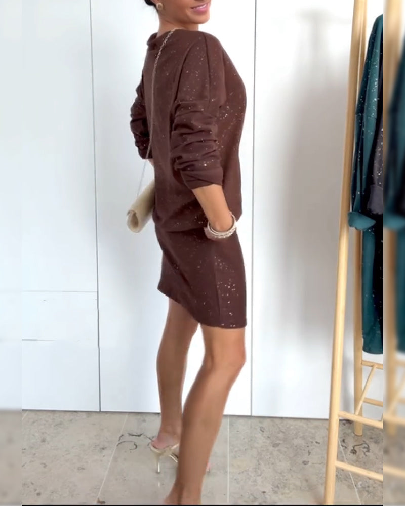 Robe Col Rond Paillettes Fines À La Mode