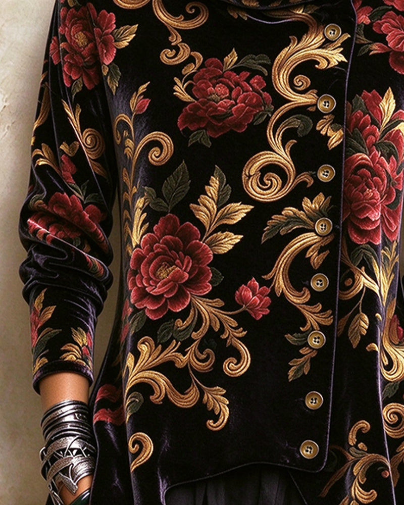 Haut Vintage Fleuri Col Roulé Boutonnage Croisé