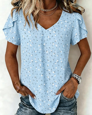 T-Shirt Col V Floral Manche Courte