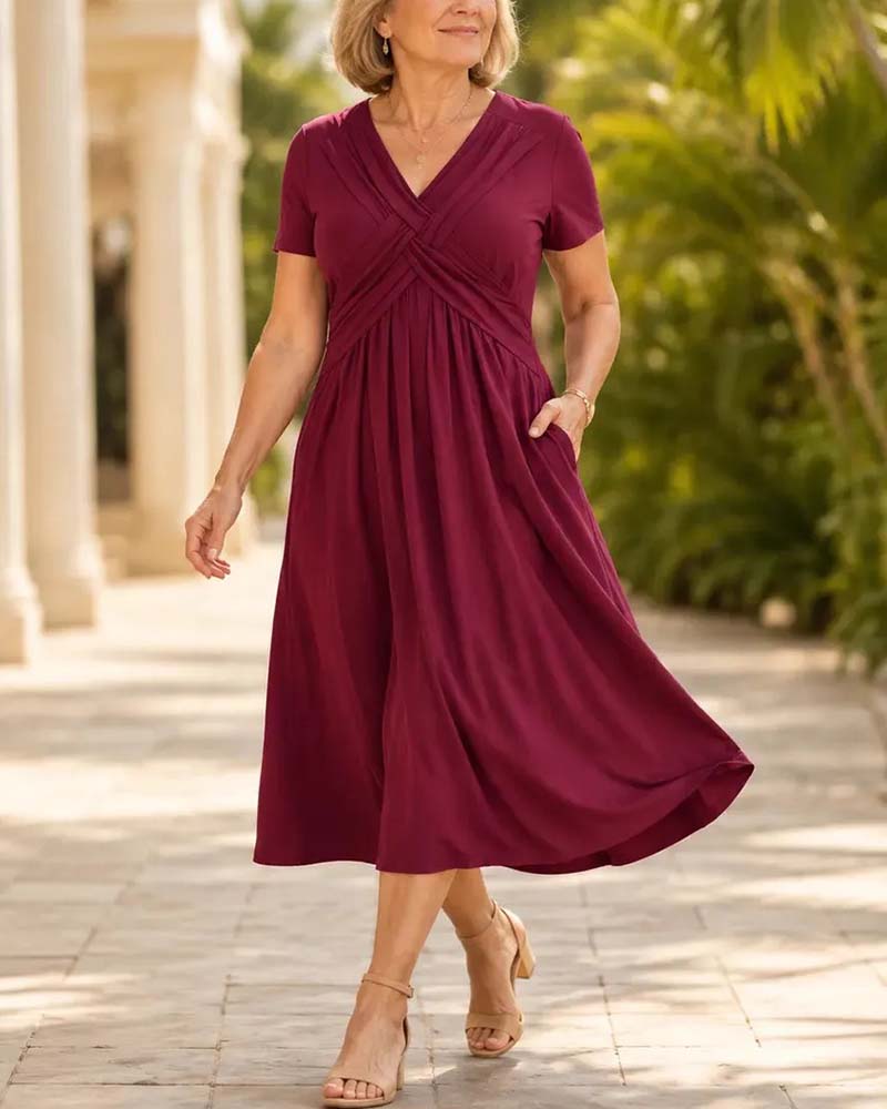 Robe Croisé Col En V Taille Cintrée Manches Courtes Coupe A