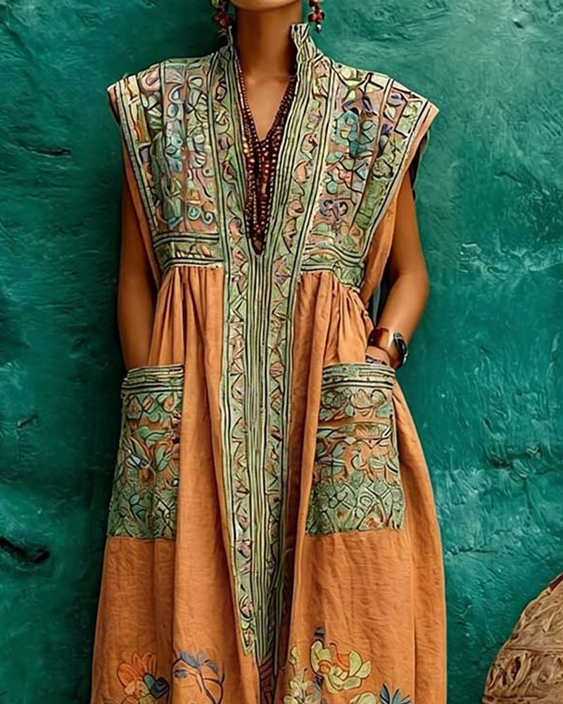 Robe Rétro Imprimé Poche Sans Manches Longue
