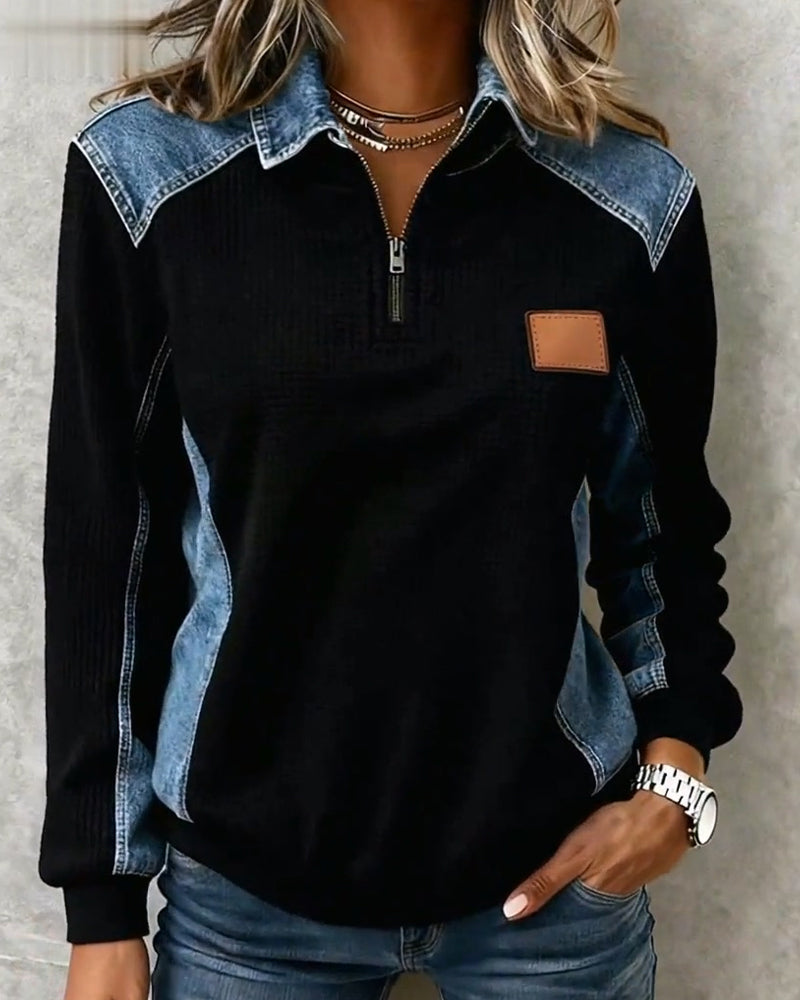 Haut Fermeture Éclair Denim Patchwork Revers