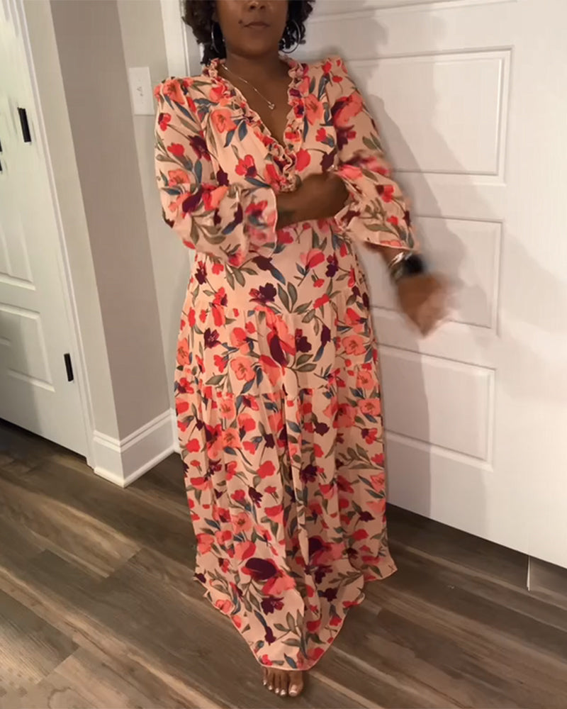 Robe À Col V Manches Longues À Fleurs