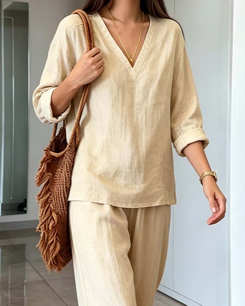 Ensemble Col‑V Uni Longues Manches Jambes Larges