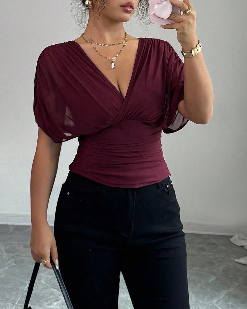 Blouse Unie Profond Col En V Taille Manches Courtes