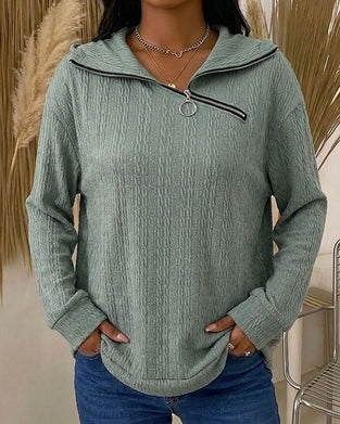 Top Col Rabattu Zip Diagonal Manches Longues