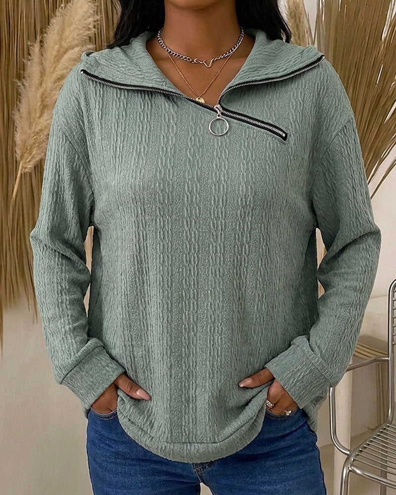 Top Col Rabattu Zip Diagonal Manches Longues