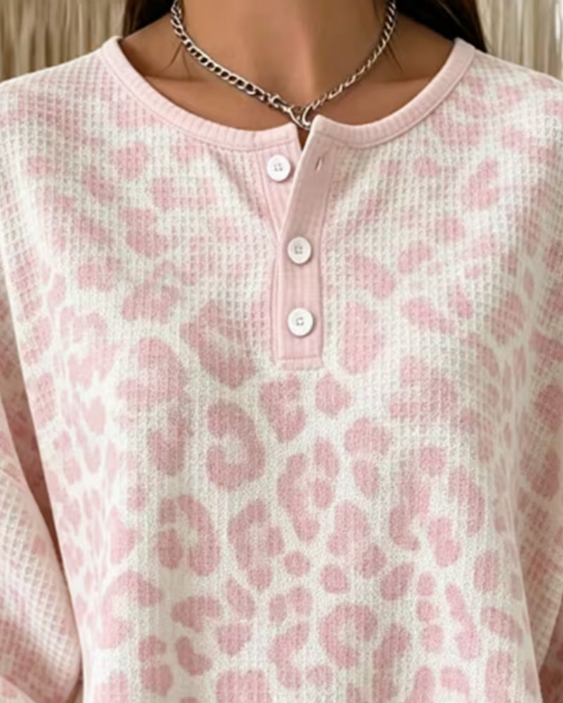 Sweatshirt Col-Rond Boutonné Léopard Décontracté
