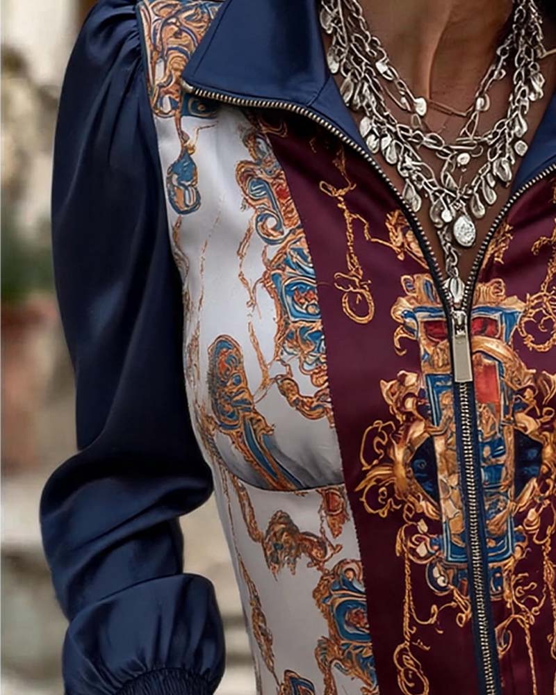 Haut Manches Bouffantes Patchwork Imprimé Fermeture Éclair